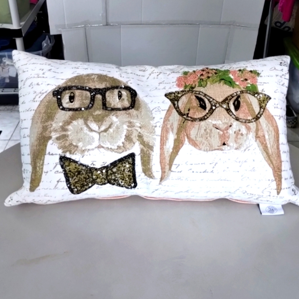 Snuggle Bunny Graphic Beaded Rabbits Cursive Blessed Accent Pillow White Peach